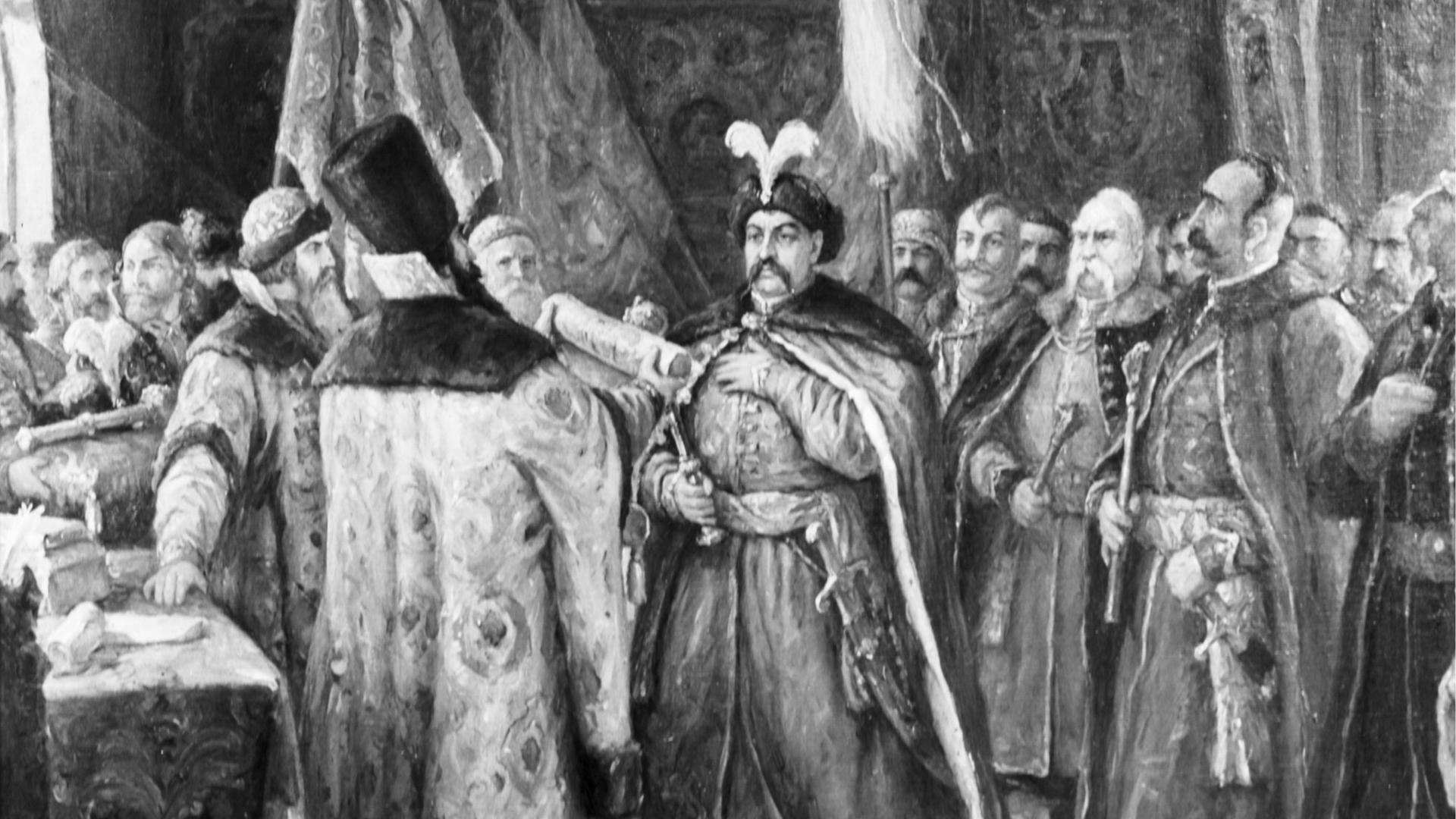 Malerei: Bohdan Chmelnyzkyj treibende Kraft hinter dem Vertrag von Perejaslaw, der Bohdans Gemeinwesen unter den Schutz des Zarentums Russland stellte. Malerei: Bohdan Chmelnyzkyj treibende Kraft hinter dem Vertrag von Perejaslaw, der Bohdans Gemeinwesen unter den Schutz des Zarentums Russland stellte.