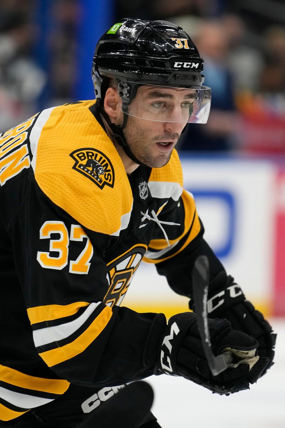 Boston Bruins center Patrice Bergeron (37) against the Tampa Bay Lightning during the first period of an NHL hockey game Thursday, Jan. 26, 2023, in Tampa, Fla. (AP Photo/Chris O'Meara)