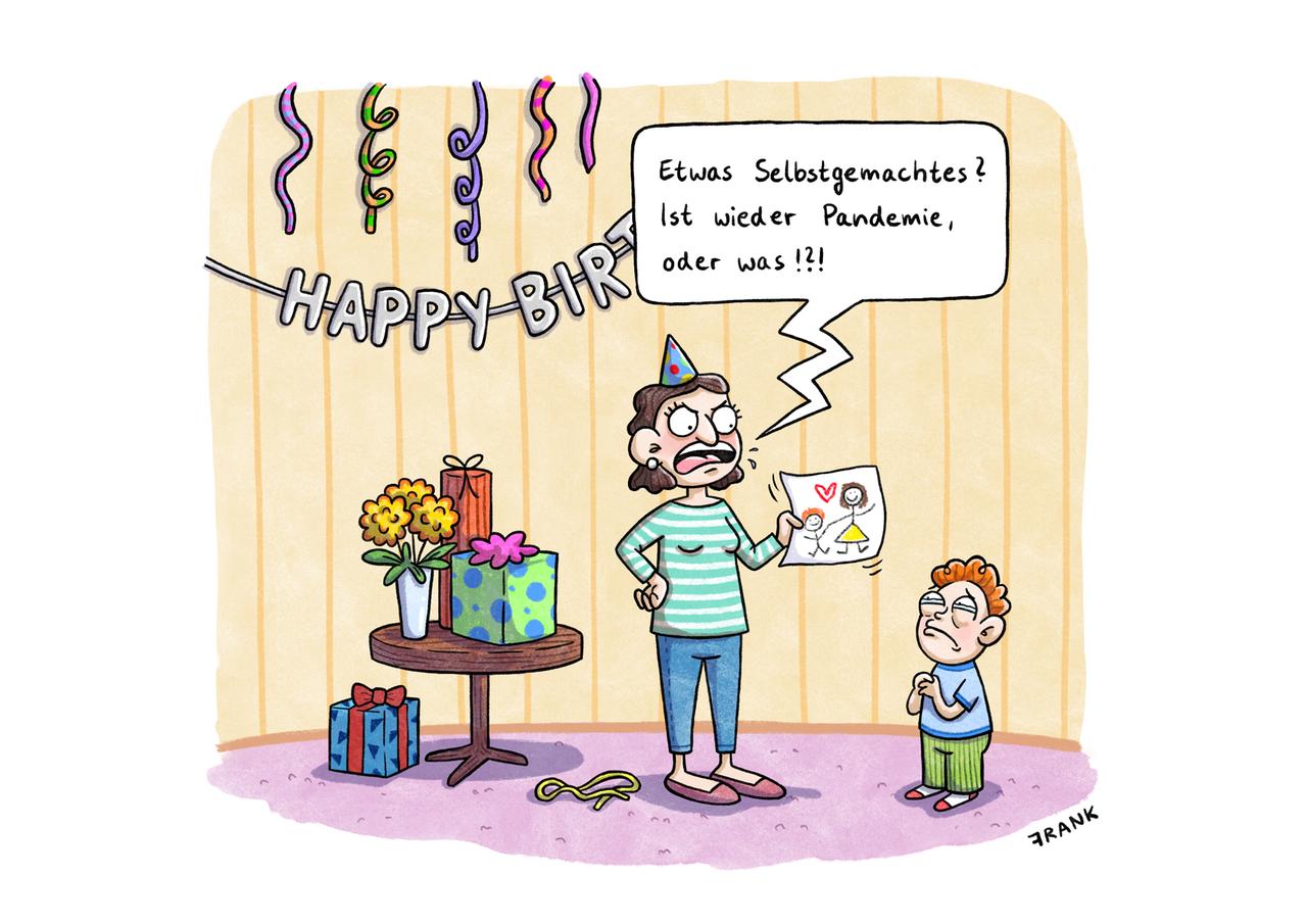 Die Karikatur "Neue Normalität" von Annika Frank: Eine Frau mit Partyhütchen auf dem Kopf steht vor einem Tisch mit prächtig verpackten Geschenken. Sie hält ein selbstgemaltes Bild in Händen und schreit ihr furchtsam neben ihr stehendes Kind an: "Etwas Selbstgemachtes? Ist wieder Pandemie, oder was!?!"