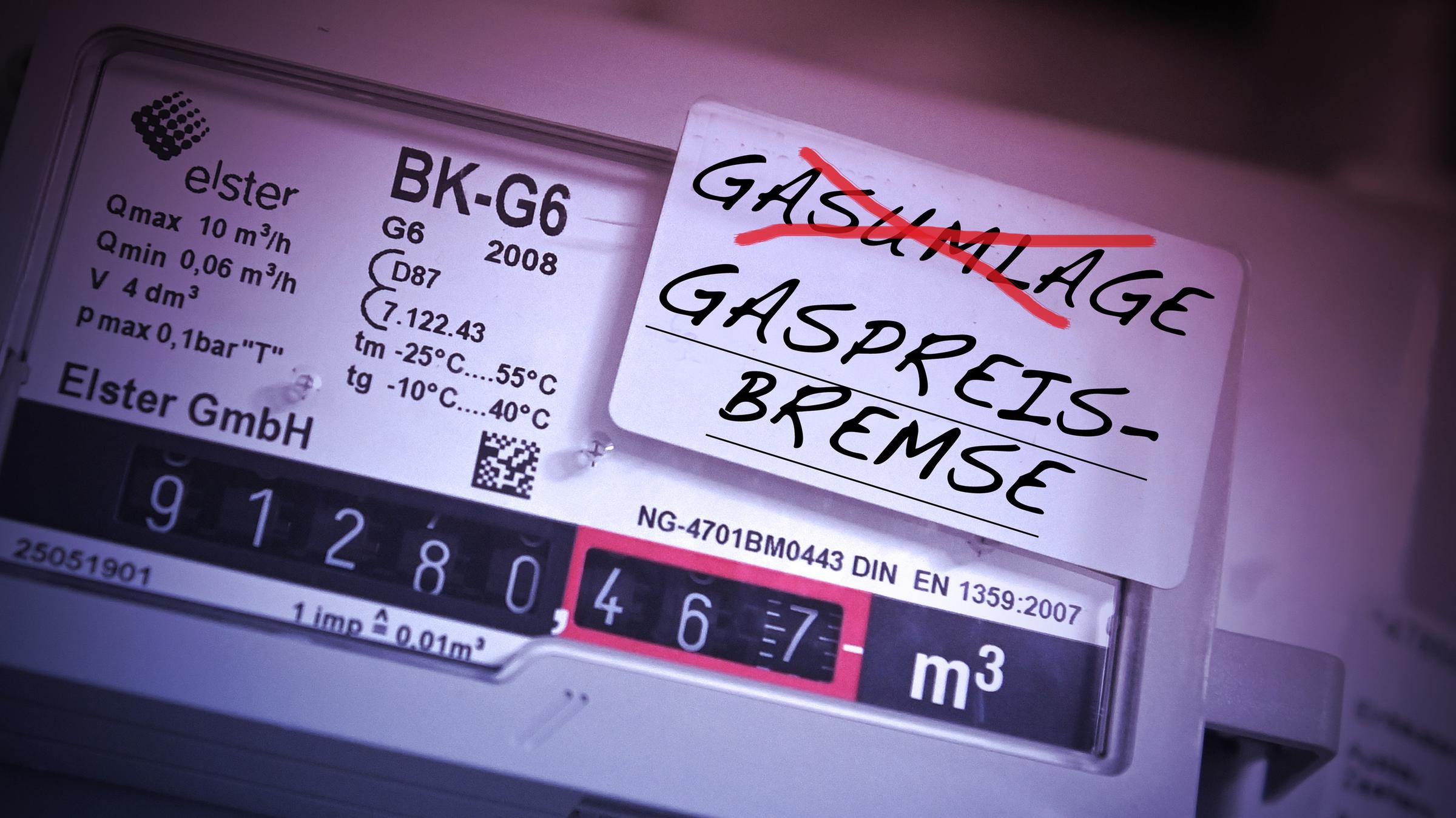 Auf der Fototomontage ist ein Gaszähler zu sehen, im Vordergrund wurde ein Sticker daraufmontiert, auf dem das Wort Gaspreisumlage mit einem roten Stift durchgekreuzt ist, darunter steht nun Gaspreisbremse. Auf der Fototomontage ist ein Gaszähler zu sehen, im Vordergrund wurde ein Sticker daraufmontiert, auf dem das Wort Gaspreisumlage mit einem roten Stift durchgekreuzt ist, darunter steht nun Gaspreisbremse.
