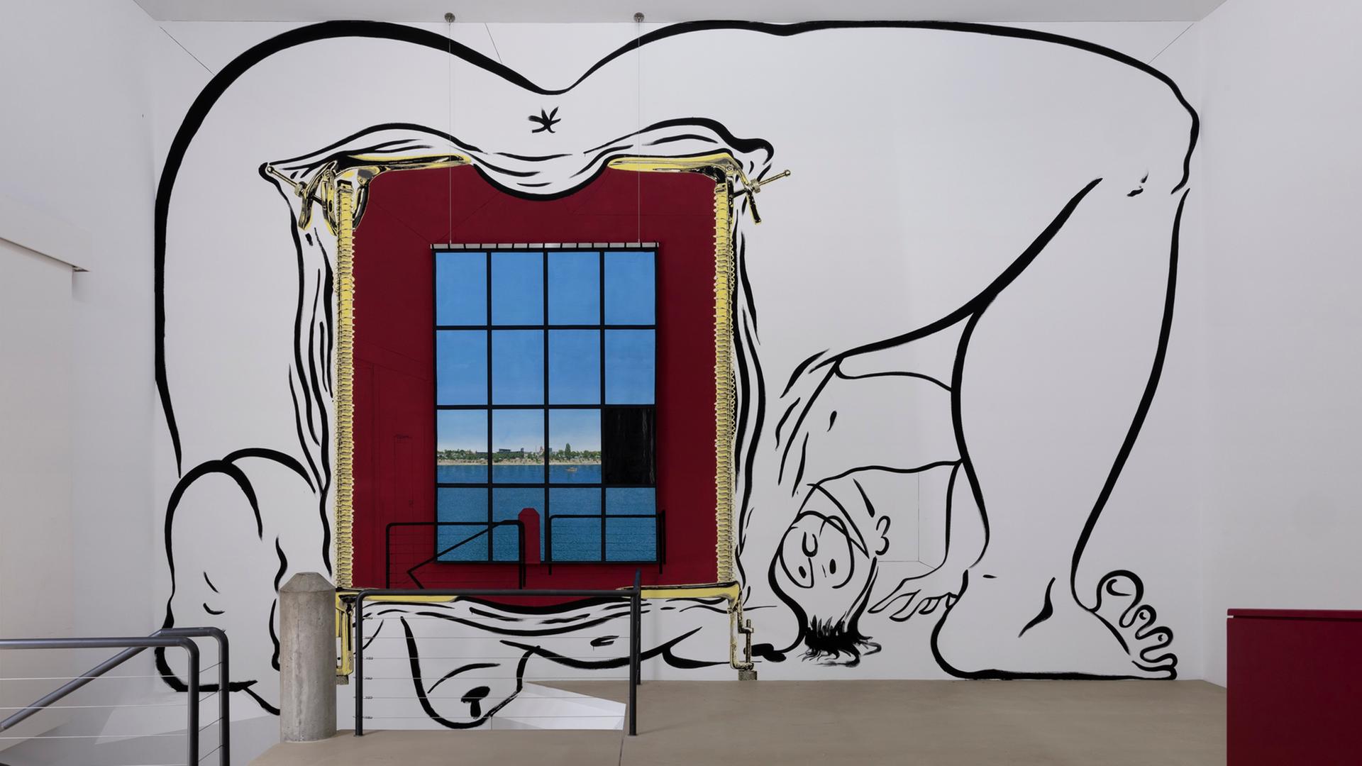 Ausstellungsansicht von "Fun Feminism" im Kunstmuseum Basel. Eine nackte Frau ist um ein Fenster an einer Ausstellungswand herum drapiert. Ihre Vagina ist dabei das Fenster in die Welt. Ausstellungsansicht von "Fun Feminism" im Kunstmuseum Basel. Eine nackte Frau ist um ein Fenster an einer Ausstellungswand herum drapiert. Ihre Vagina ist dabei das Fenster in die Welt.