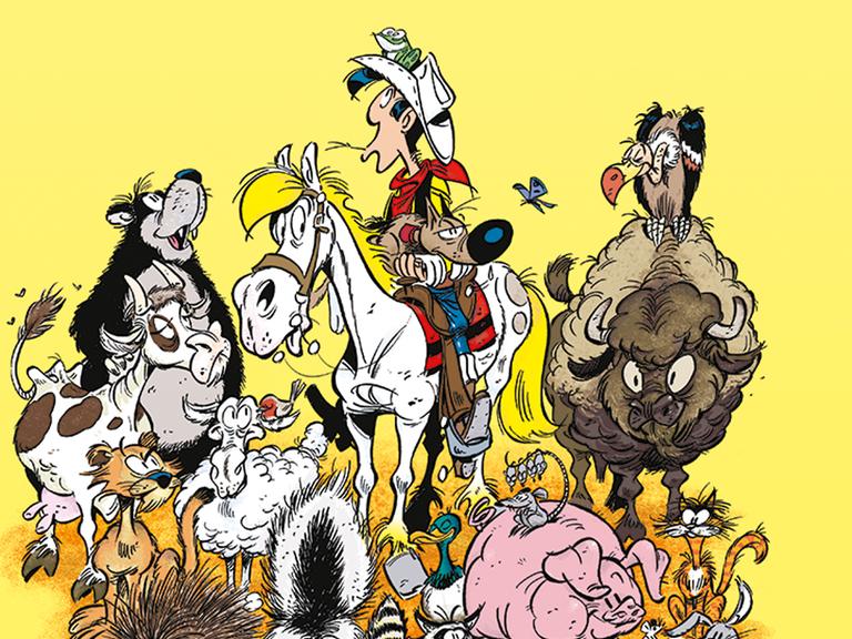 Eine Comic-Figur, der Cowboy Lucky Luke, sitzt auf seinem weißen Pferd. Er ist umringt von vielen Tieren, darunter Büffel, Bär, Hund und Kuh. Der Bildhintergrund ist gelb.
