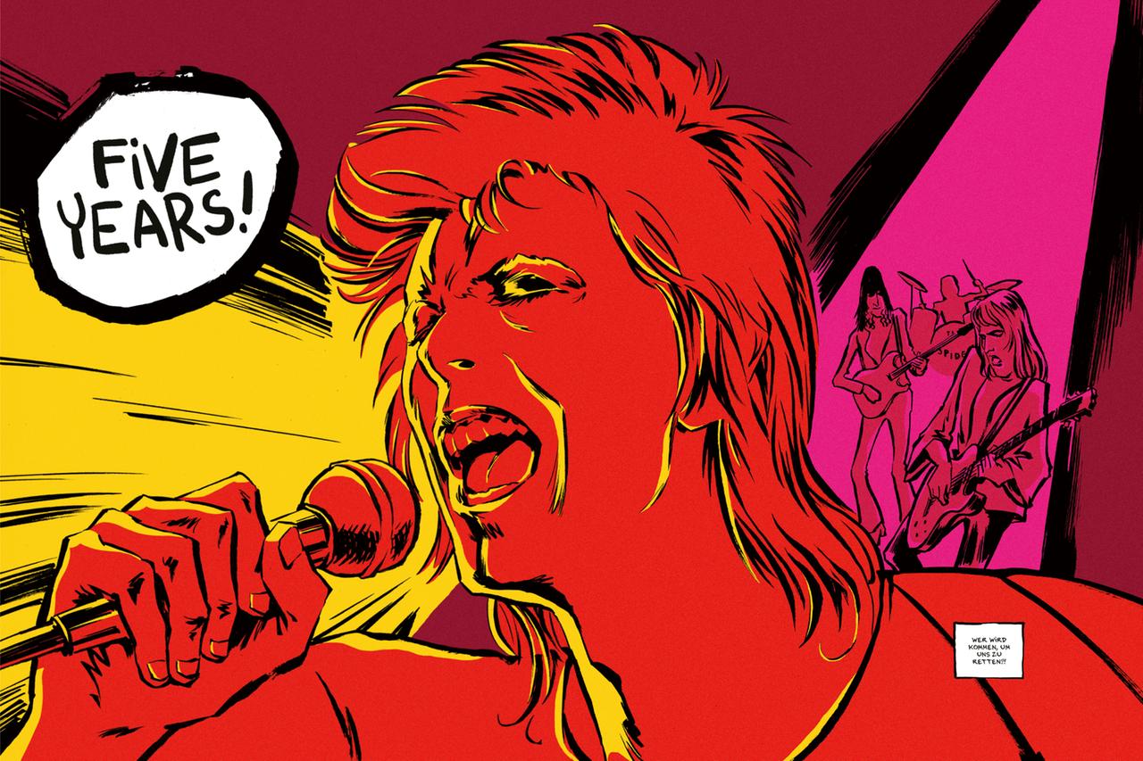Eine Comic-Version von David Bowie singt die Worte "Five Years". Eine Comic-Version von David Bowie singt die Worte "Five Years".