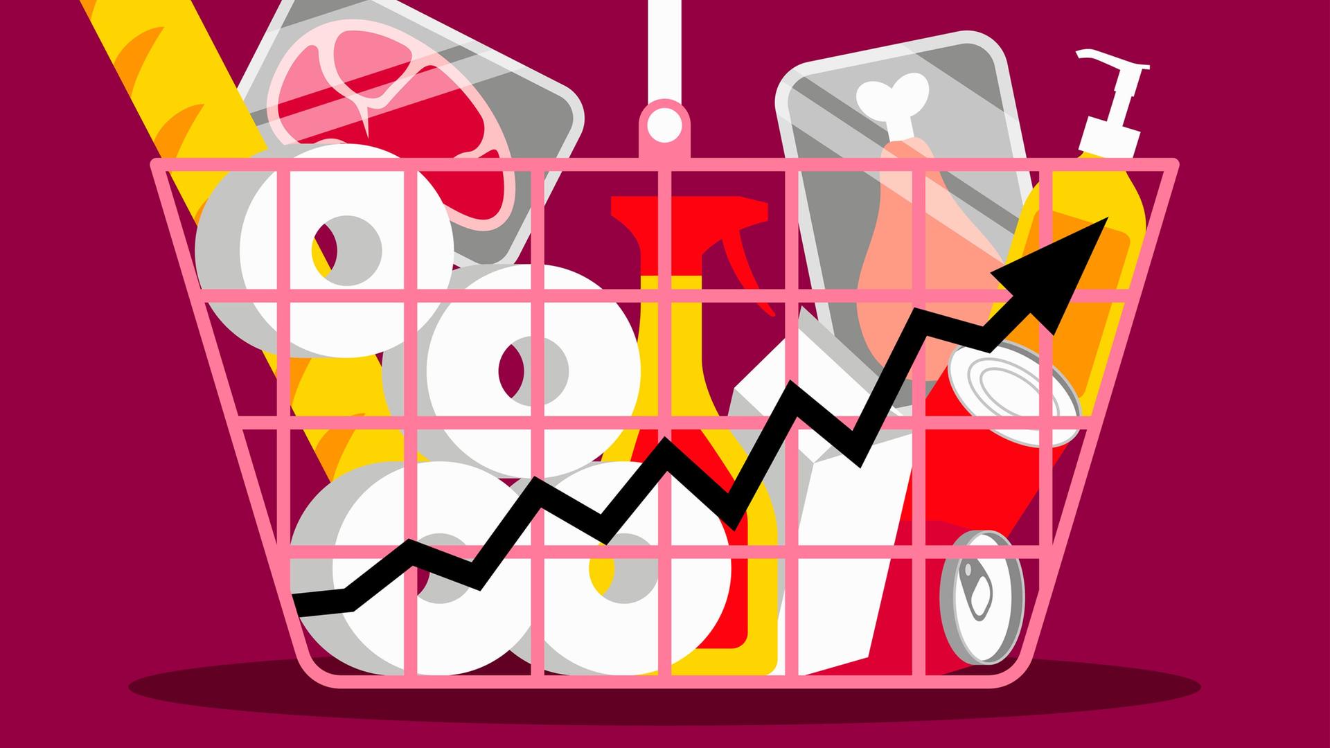 Illustration: Lebensmittel in einem Einkaufskorb. Illustration: Lebensmittel in einem Einkaufskorb.
