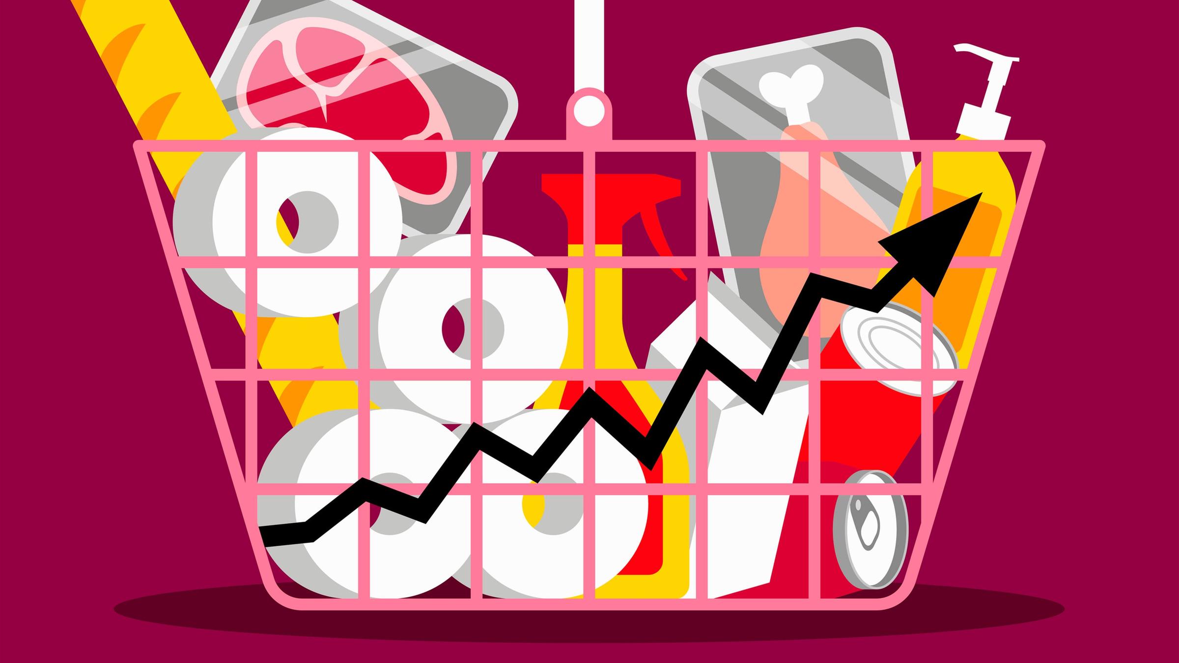 Illustration: Steigende Kosten im Einkaufskorb für Lebensmittel.