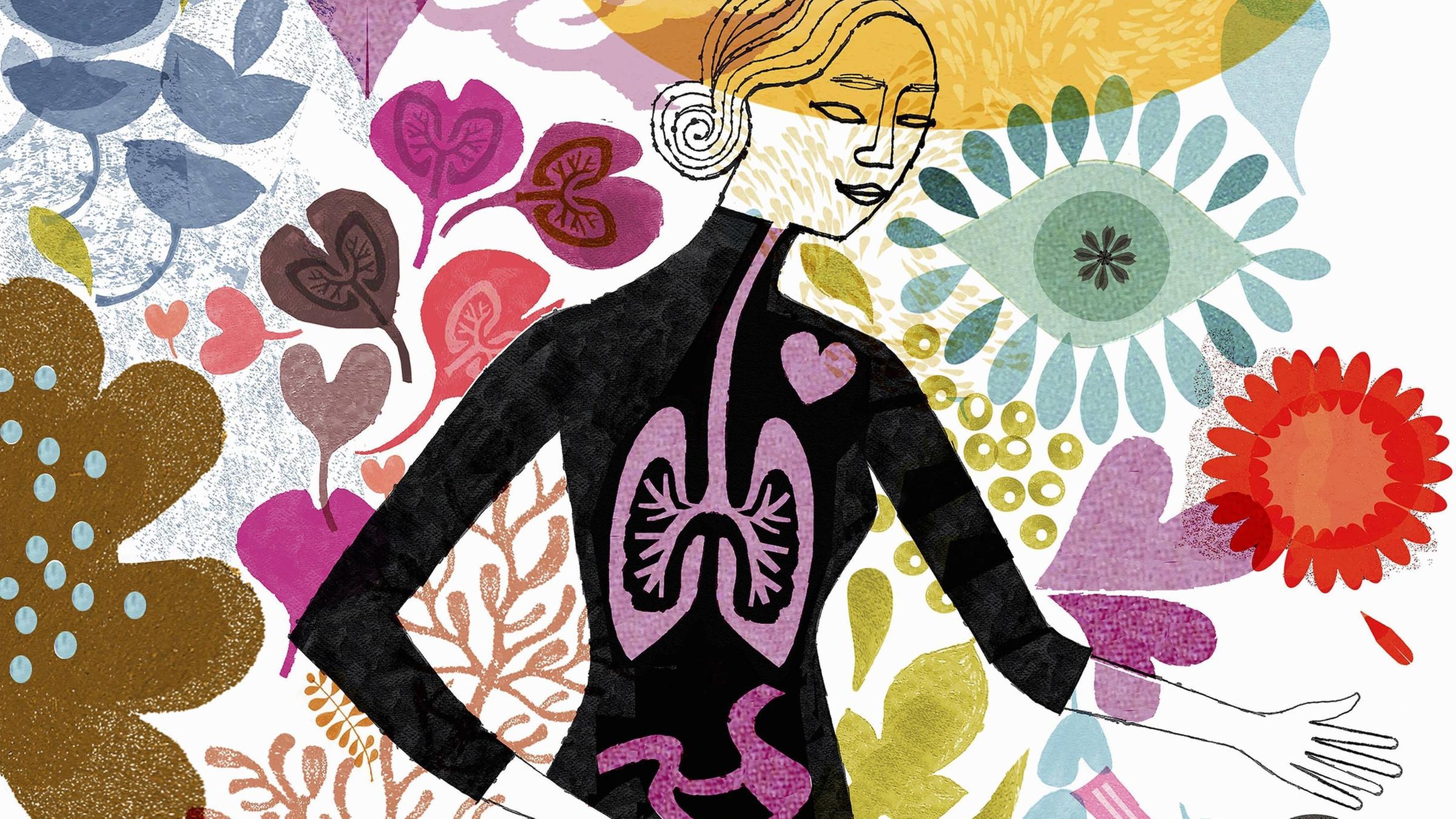 Illustration: Eine Frau mit sichtbaren inneren Organen umgeben von Blumen.