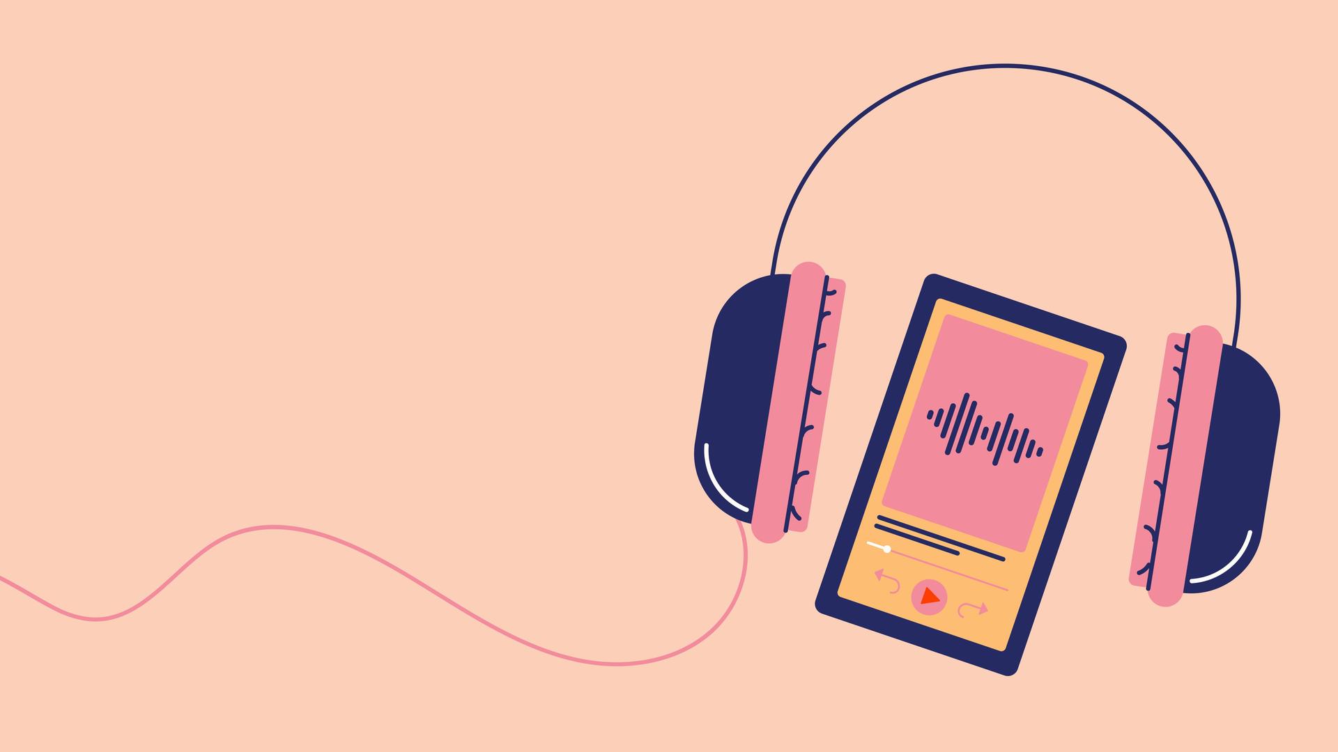 Illustration: Kopfhörer mit einem Display zwischen den Hörern, die ein Musikstreaming anzeigen. Illustration: Kopfhörer mit einem Display zwischen den Hörern, die ein Musikstreaming anzeigen.