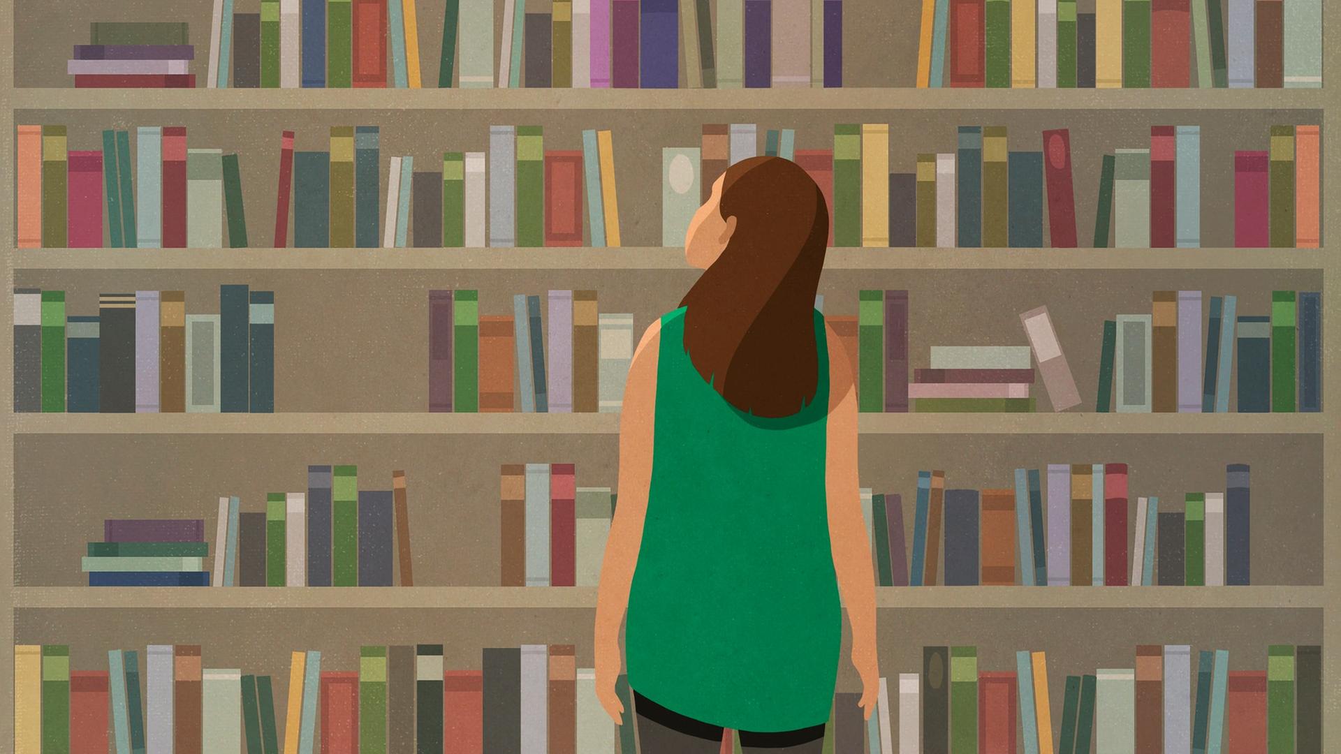 Illustration: Eine junge Frau steht vor einem gefüllten Bücherregal und schaut nach oben. Illustration: Eine junge Frau steht vor einem gefüllten Bücherregal und schaut nach oben.