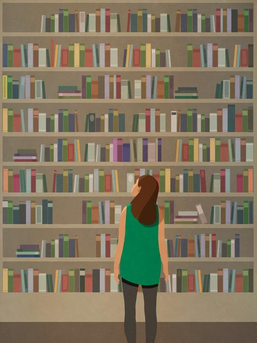 Illustration: Eine junge Frau steht vor einem gefüllten Bücherregal und schaut nach oben.