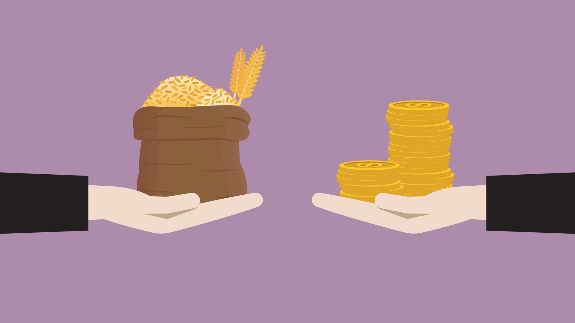 Illustration: Zwei Hände tauschen Getreide und Geld aus.