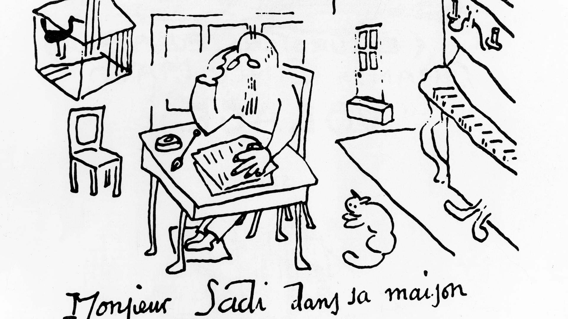 Zeichnung von Erik Satie: Monsieur Sadi in seinem Haus, ca. 1920.