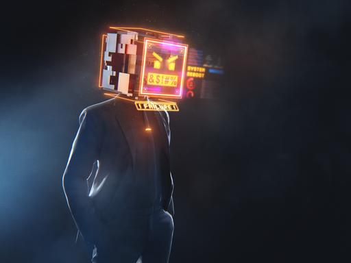 Ein Mann in schwarzem Anzug vor schwarzem Hintergrund mit einem grimmig schauenden Smiley anstelle des Kopfes.