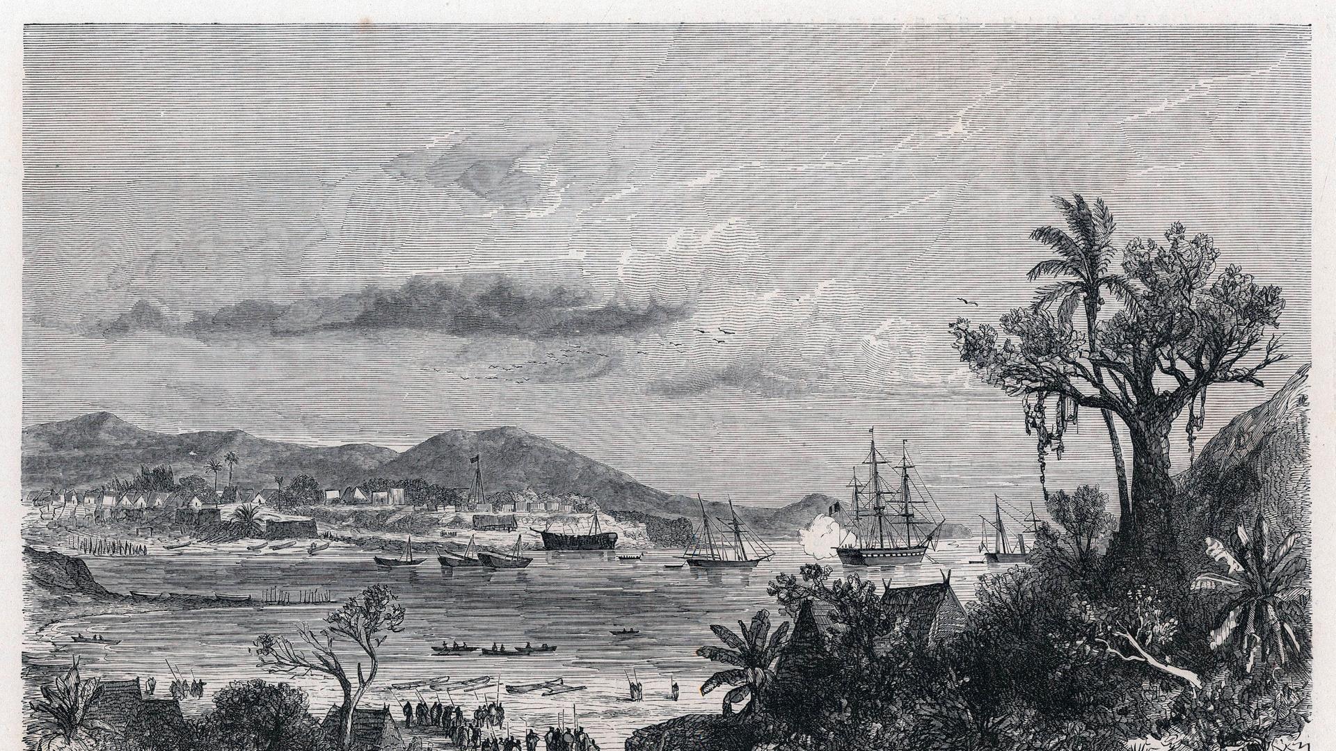 Nosy Be, eine Insel vor der Nordwestküste Madagaskars, gezeichnet von Évremond de Bérard für ein Buch von 1861 über die Reisen von Ida Pfeiffer Nosy Be, eine Insel vor der Nordwestküste Madagaskars, gezeichnet von Évremond de Bérard für ein Buch von 1861 über die Reisen von Ida Pfeiffer
