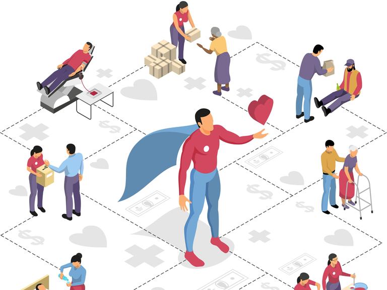 Illustration: Ein Superheld mit rotem Herz in der Hand.