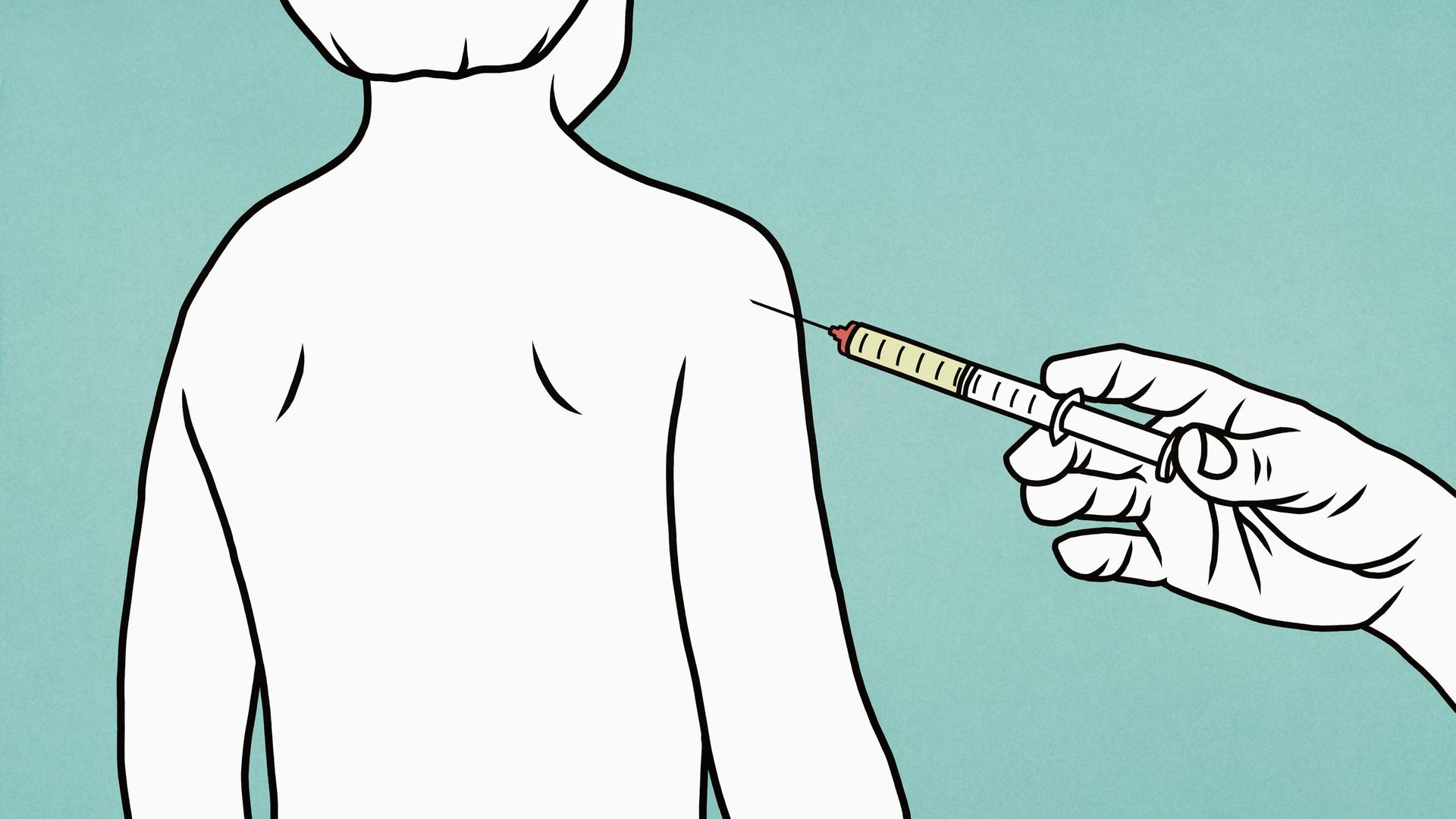 Illustration: Junge in der Rückenansicht bekommt eine Spritze in den Arm.