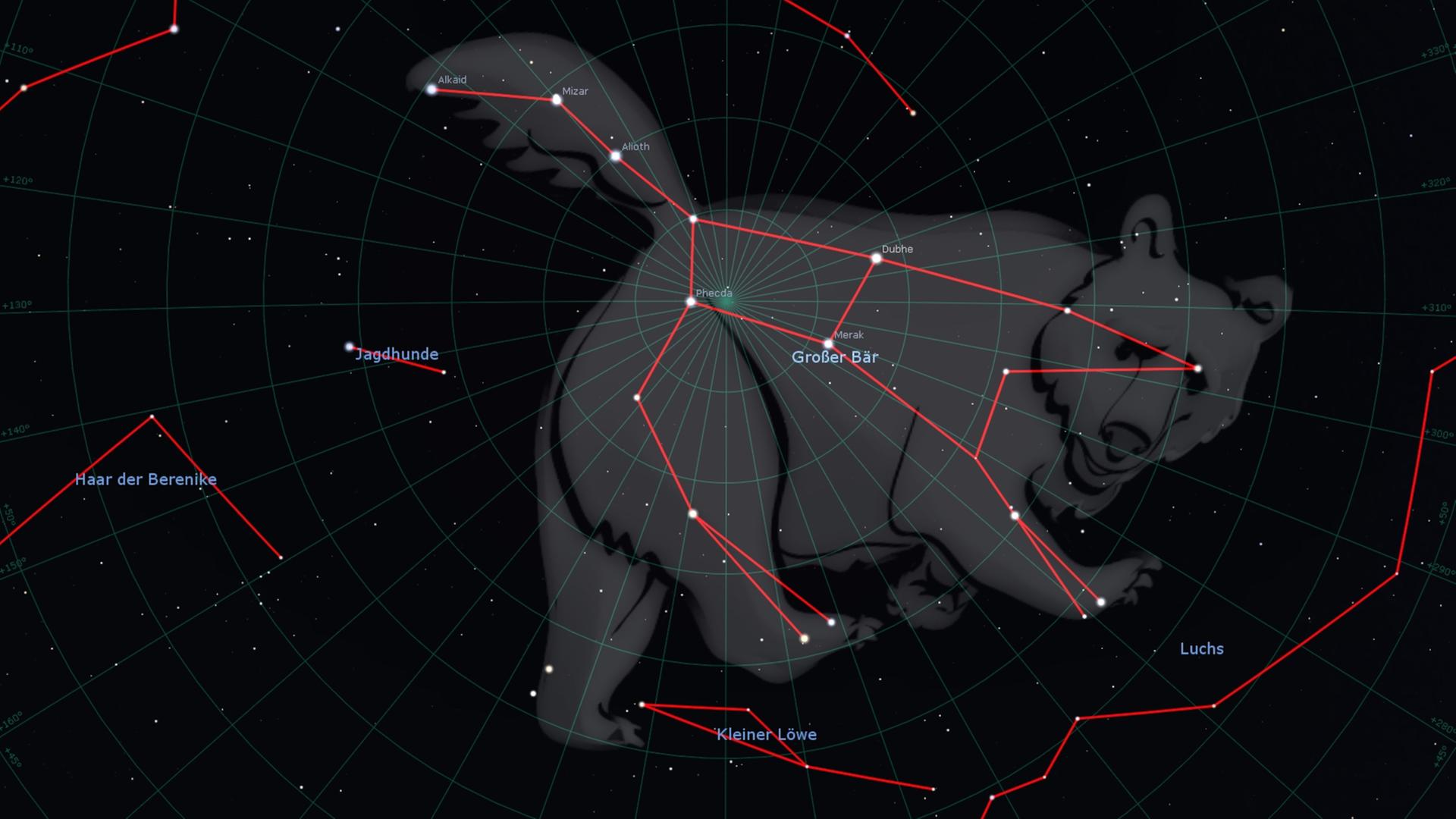 Am 12. April 2023 steht gegen Mitternacht das mächtige Sternbild Großer Bär - zu dem der Große Wagen gehört - senkrecht am Himmel. 

