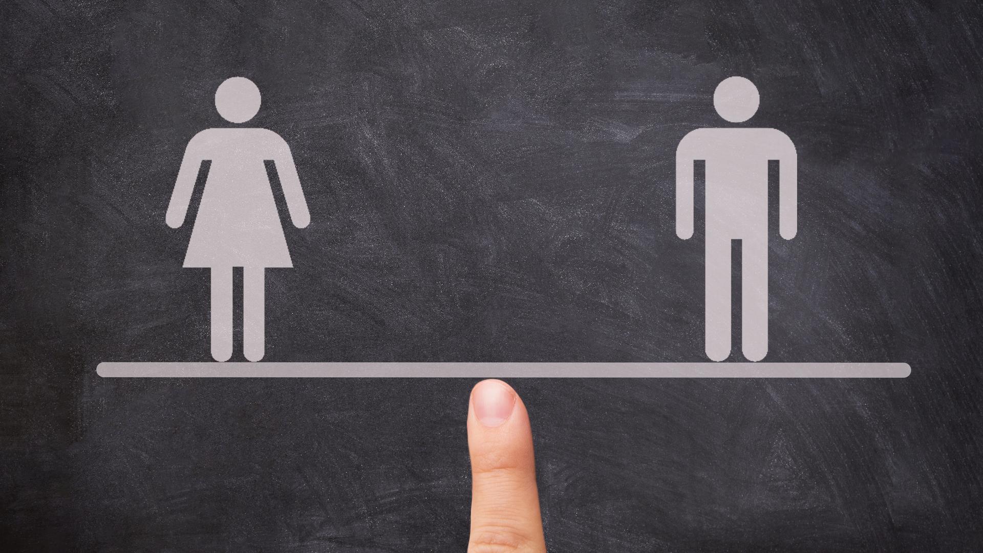 Illustration: Frauen und Männer Ikon auf einer Waage, die von einer Fingerspitze gehalten wird. Illustration: Frauen und Männer Ikon auf einer Waage, die von einer Fingerspitze gehalten wird.