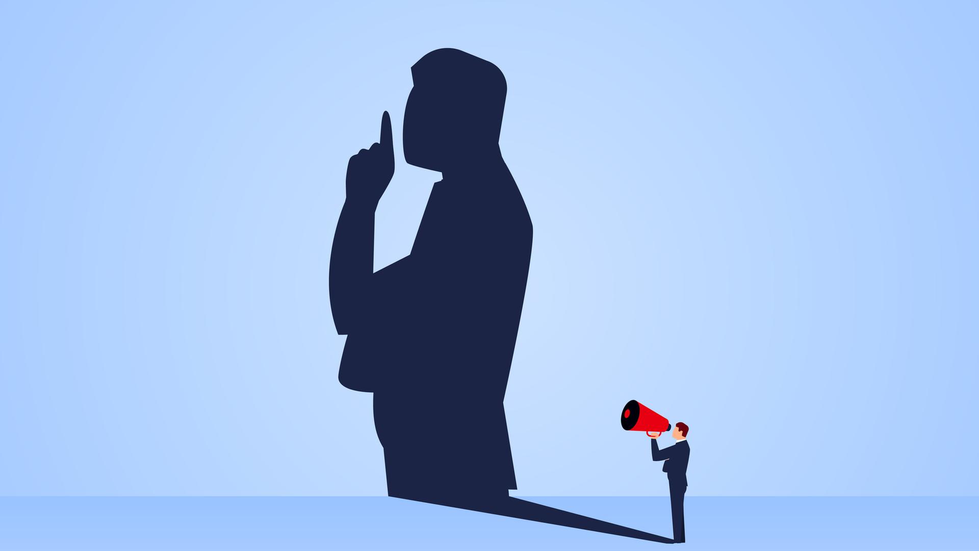 Eine Illustration zeigt ein kleines Männchen mit einem Lautsprecher, der einen riesigen Schatten wirft. Dieser widerum hält sich den Finger als Geste des Schweigens vor den Mund. Eine Illustration zeigt ein kleines Männchen mit einem Lautsprecher, der einen riesigen Schatten wirft. Dieser widerum hält sich den Finger als Geste des Schweigens vor den Mund.