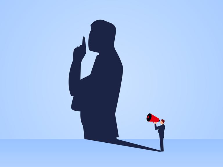 Eine Illustration zeigt ein kleines Männchen mit einem Lautsprecher, der einen riesigen Schatten wirft. Dieser widerum hält sich den Finger als Geste des Schweigens vor den Mund.
