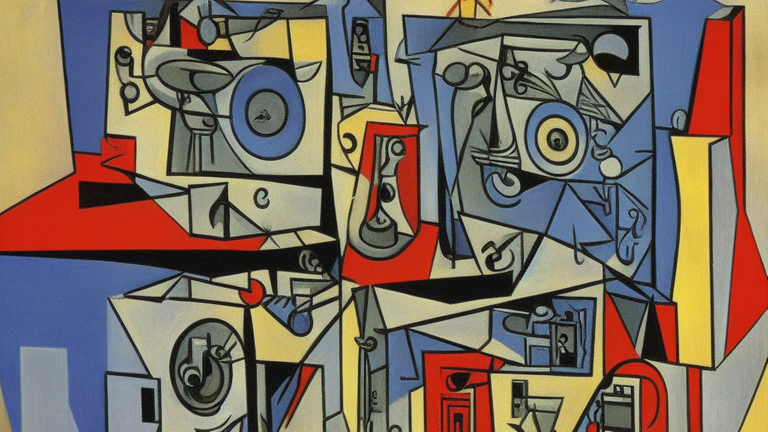 Eine KI basierte künstlerisch-abstrakte farbenfrohe Darstellung einer Radios im Stil von Pablo Picasso. 