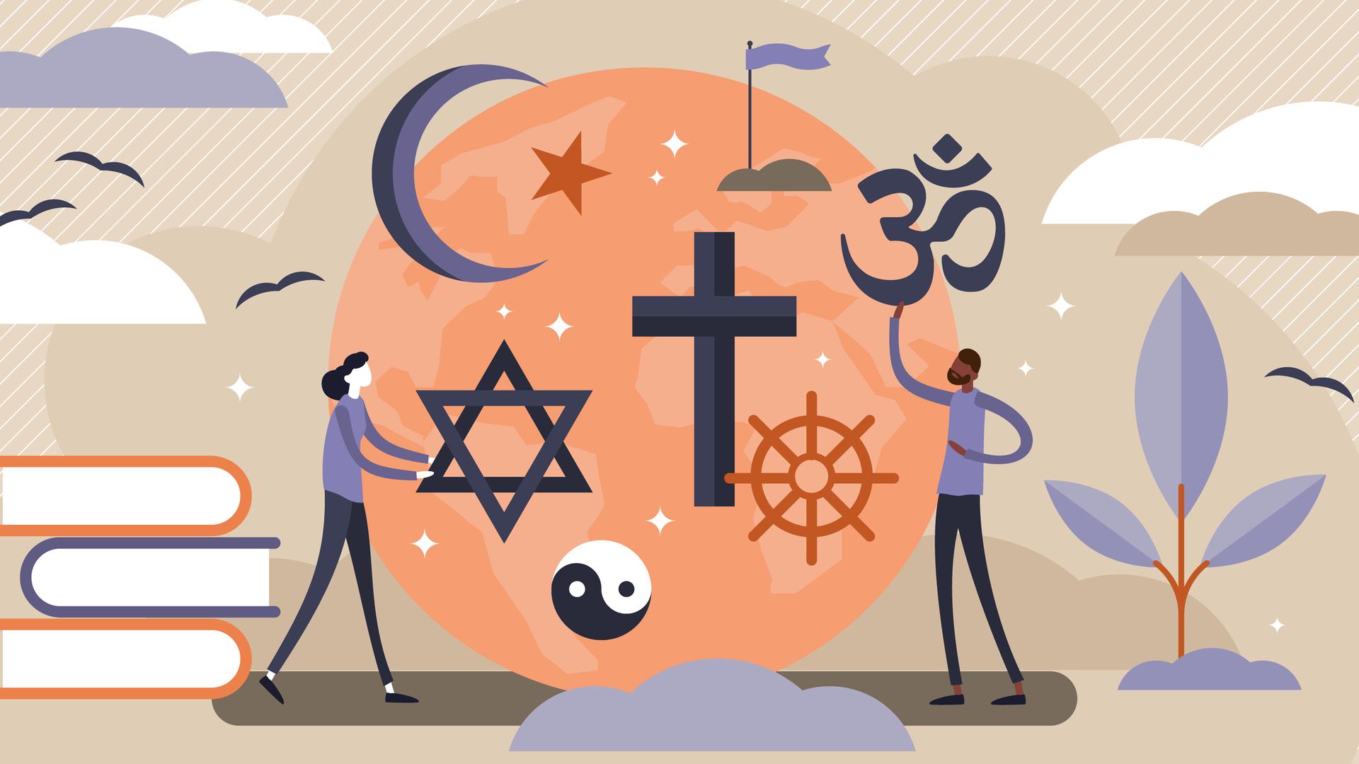 Eine Illustration zeigt die Symbole verschiedener Religionen und zwei stilisierte Personen.