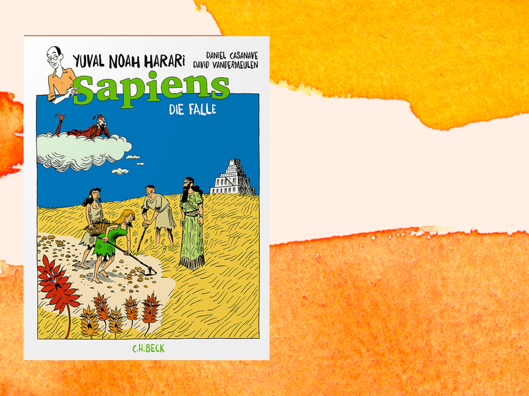 Das Cover von Yoval Noah Hararis "Sapiens. Die Falle" vor orange-weißem Hintergrund.