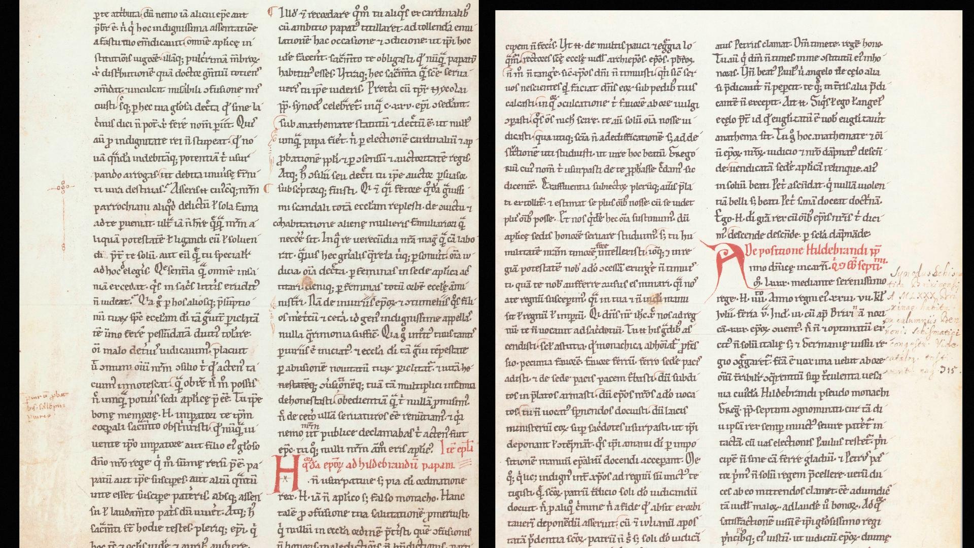 Der Originalbrief Kaiser Heinrich IV. an Papst Gregor VII. (spöttisch genannt beim Taufnamen Hildebrand), in dem er ihn zum Rücktritt auffordert Der Originalbrief Kaiser Heinrich IV. an Papst Gregor VII. (spöttisch genannt beim Taufnamen Hildebrand), in dem er ihn zum Rücktritt auffordert