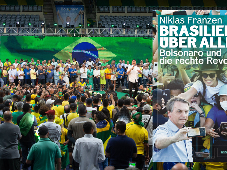 Das Buchcover von Niklas Franzen: „Brasilien über alles. Bolsonaro und die rechte Revolte“ vor der Hintergrund, der eine Wahlkampfveranstaltung zeigt