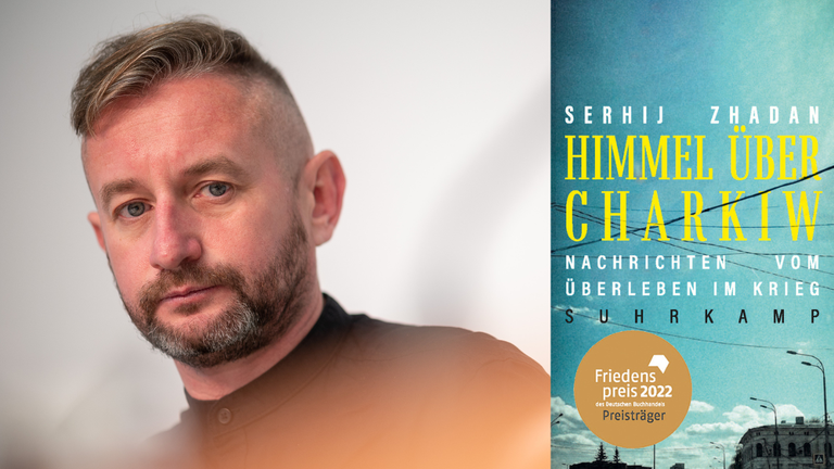 Der Preisträgerin des Friedenspreises des deutschen Buchhandels 2022 Serhij Zhadan und das Cover seines Buches "Himmel über Charkiw" Der Preisträgerin des Friedenspreises des deutschen Buchhandels 2022 Serhij Zhadan und das Cover seines Buches "Himmel über Charkiw"