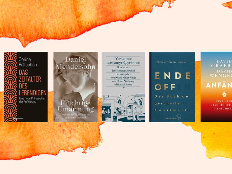 Die Cover der fünf Bücher, die im Februar 2022 auf den ersten drei Plätzen der Sachbuchbestenliste von Deutschlandfunk Kultur, ZDF und "Die Zeit": Corine Pelluchon: "Das Zeitalter des Lebendigen", Daniel Mendelsohn: "Flüchtige Umarmung", Nicole Mayer-Ahuja/Oliver Nachtwey (Hg.): "Verkannte Leistungsträger:innen", Thomas von Steinäcker: "Ende offen", und David Graeber/David Wengrow: "Anfänge"