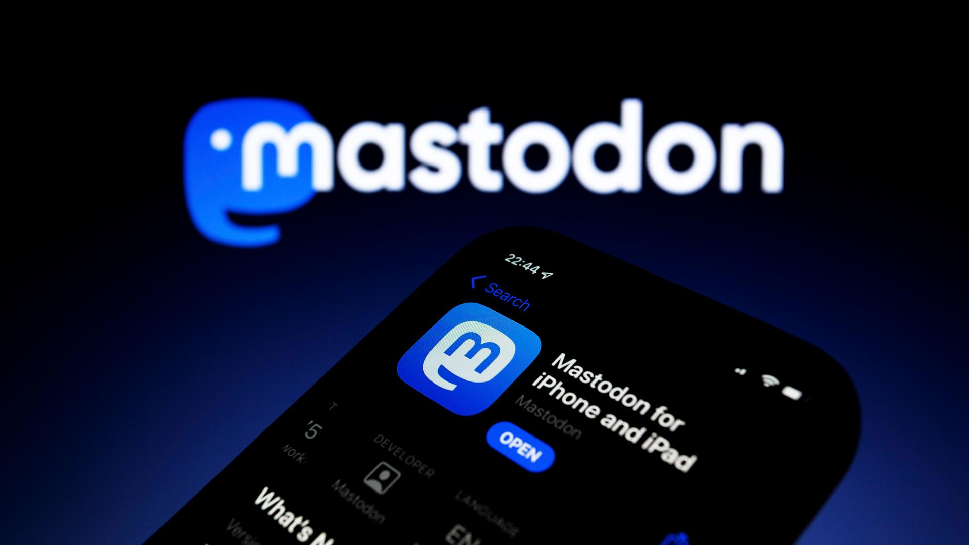 Ein Handy zeigt die blaue ios-Version der Mastodon-App. Ein Handy zeigt die blaue ios-Version der Mastodon-App.