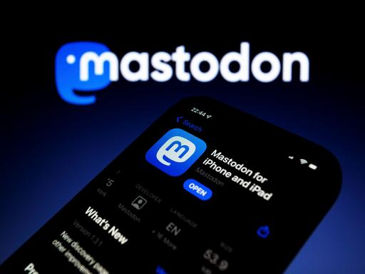 Ein Handy zeigt die blaue ios-Version der Mastodon-App.