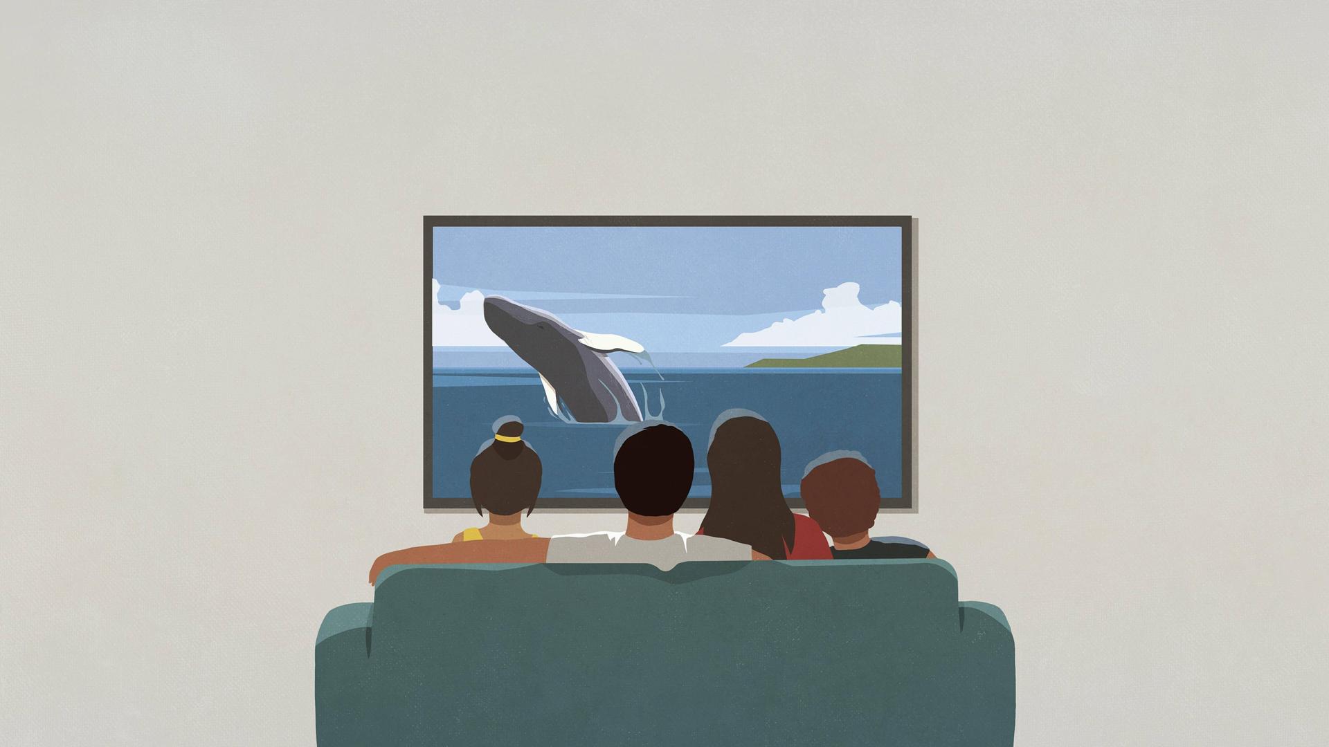 Illustration: Eine Familie sitzt auf einem Sofa und schaut auf einen Fernsehbildschirm, auf dem ein Wal zu sehen ist.
