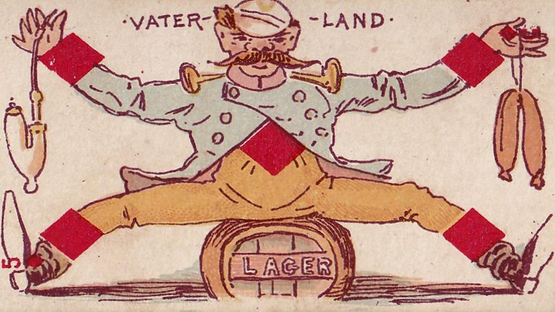 Eine historische Zigarettenkarte aus dem Jahr 1888 zeigt eine gezeichnete Parodie eines deutschen Militärgenerals, der auf einem Bierfass posiert und Würstchen in der Hand hält. Oben auf der Karte steht 'Vater-land'.