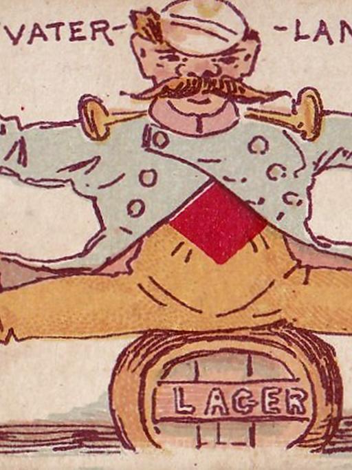 Eine historische Zigarettenkarte aus dem Jahr 1888 zeigt eine gezeichnete Parodie eines deutschen Militärgenerals, der auf einem Bierfass posiert und Würstchen in der Hand hält. Oben auf der Karte steht 'Vater-land'.