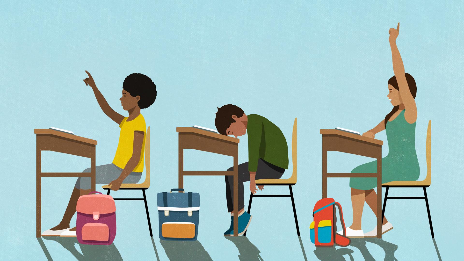 Ein Schuljunge schläft mit dem Kopf auf dem Schreibtisch zwischen zwei am Unterricht aktiv teilnehmenden Schülerinnen. Ein Schuljunge schläft mit dem Kopf auf dem Schreibtisch zwischen zwei am Unterricht aktiv teilnehmenden Schülerinnen.