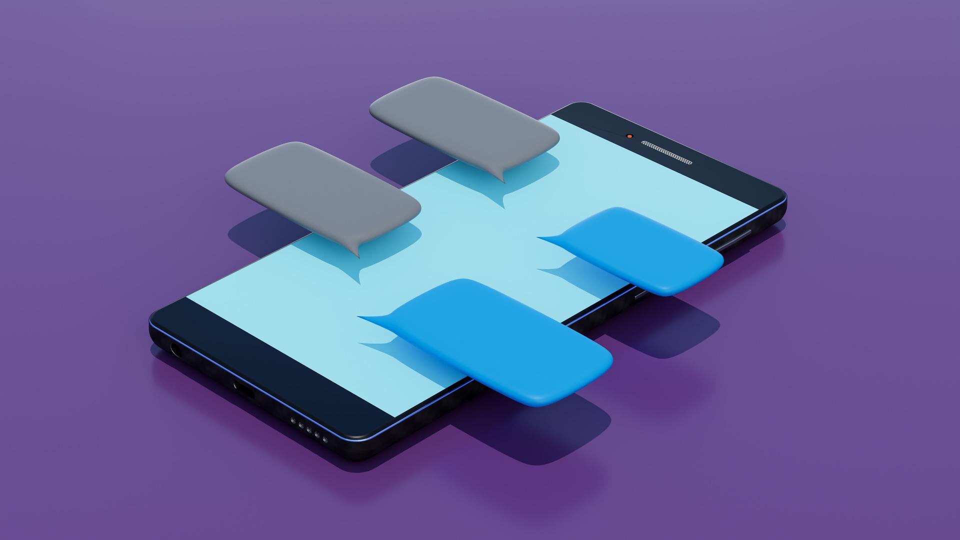 Illustration: Ein Smartphone mit vier schwebenden Sprechblasen über dem Display. Illustration: Ein Smartphone mit vier schwebenden Sprechblasen über dem Display.