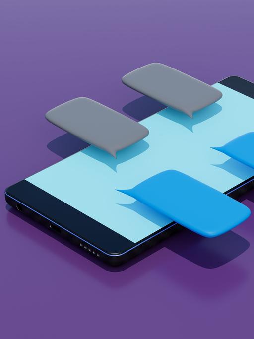 Illustration: Ein Smartphone mit vier schwebenden Sprechblasen über dem Display.