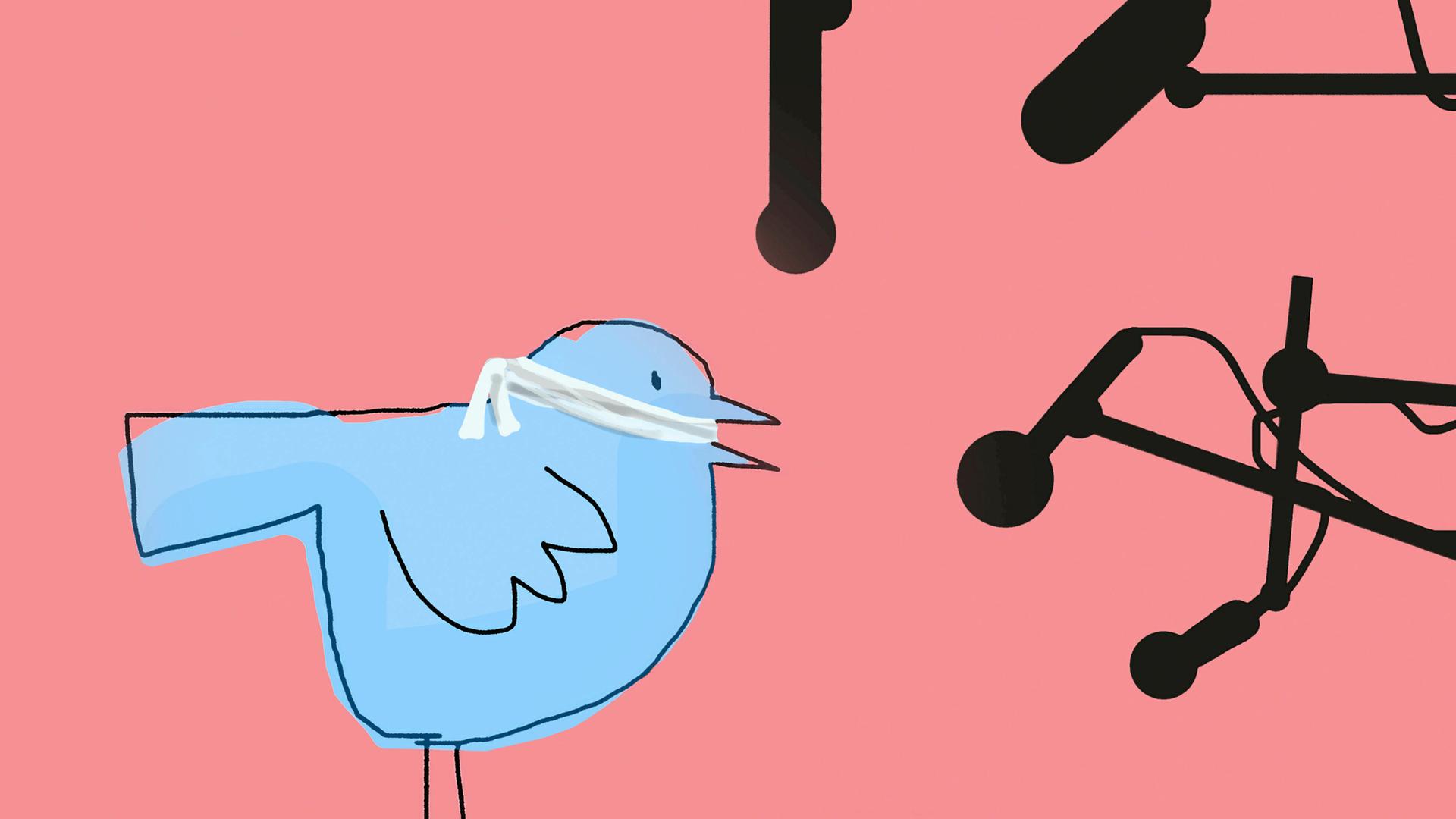 Illustration: Geknebelter "Twitter" Vogel vor Mikrofonen. Illustration: Geknebelter "Twitter" Vogel vor Mikrofonen.