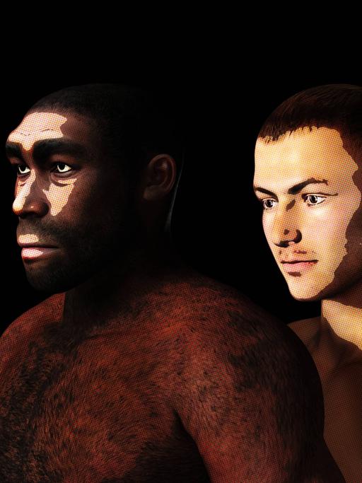 3D-Illustration eines Steinzeitmenschen im Vergleich zu einem heute lebenden Erwachsenen.