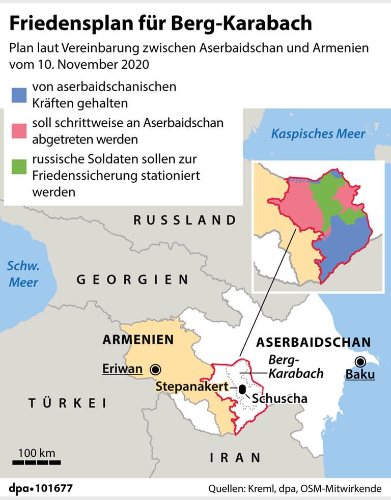 Die Grafik zeigt einen Landkartenausschnitt mit Armenien, Aserbaidschan und der Region Berg-Karabach Die Grafik zeigt einen Landkartenausschnitt mit Armenien, Aserbaidschan und der Region Berg-Karabach