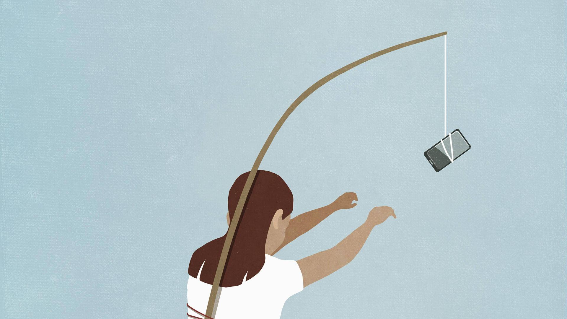 Eine Illustration zeigt eine Frau von hinten.Auf Ihrem Rücken ist eine Angel mit einem Smartphone angebracht. Eine Illustration zeigt eine Frau von hinten.Auf Ihrem Rücken ist eine Angel mit einem Smartphone angebracht.