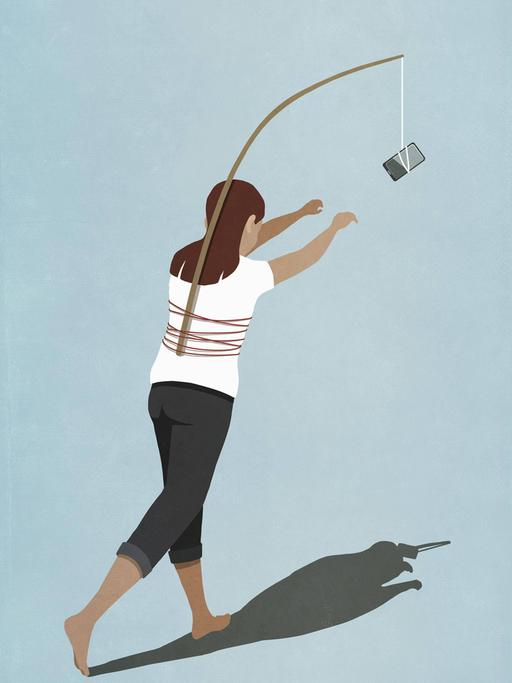 Eine Illustration zeigt eine Frau von hinten.Auf Ihrem Rücken ist eine Angel mit einem Smartphone angebracht.
