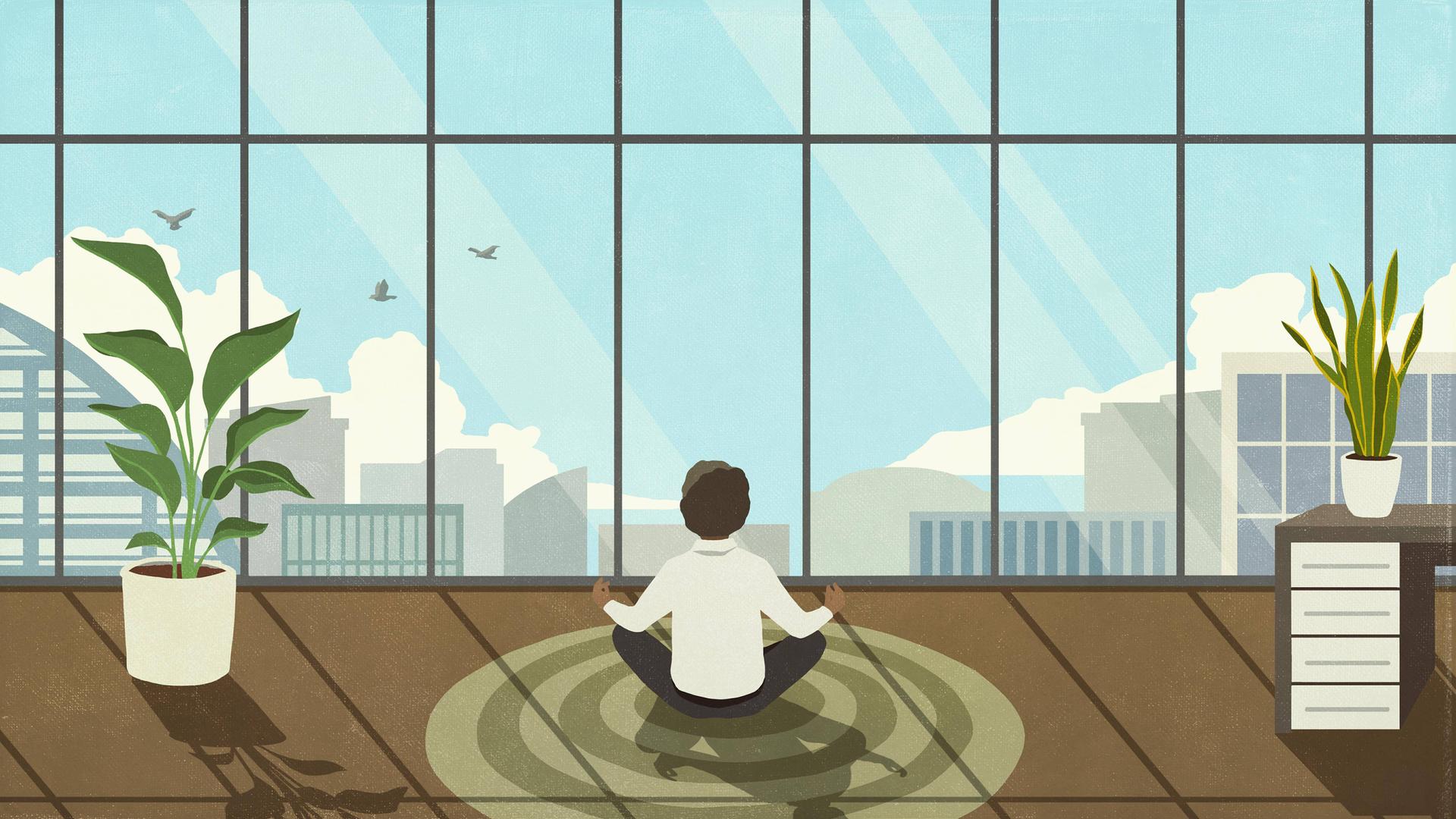 Die Illustration zeigt eine Person, die in einem Raum vor einer breiten Fensterfront auf dem Boden sitzt und meditiert. Die Illustration zeigt eine Person, die in einem Raum vor einer breiten Fensterfront auf dem Boden sitzt und meditiert.