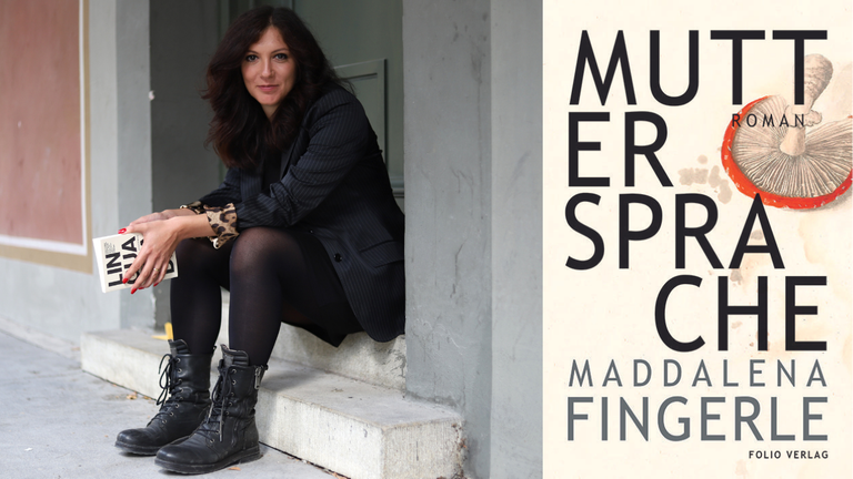 Ein Portrait der Schriftstellerin Maddalena Fingerle und das Buchcover ihres Romans „Muttersprache“ Ein Portrait der Schriftstellerin Maddalena Fingerle und das Buchcover ihres Romans „Muttersprache“