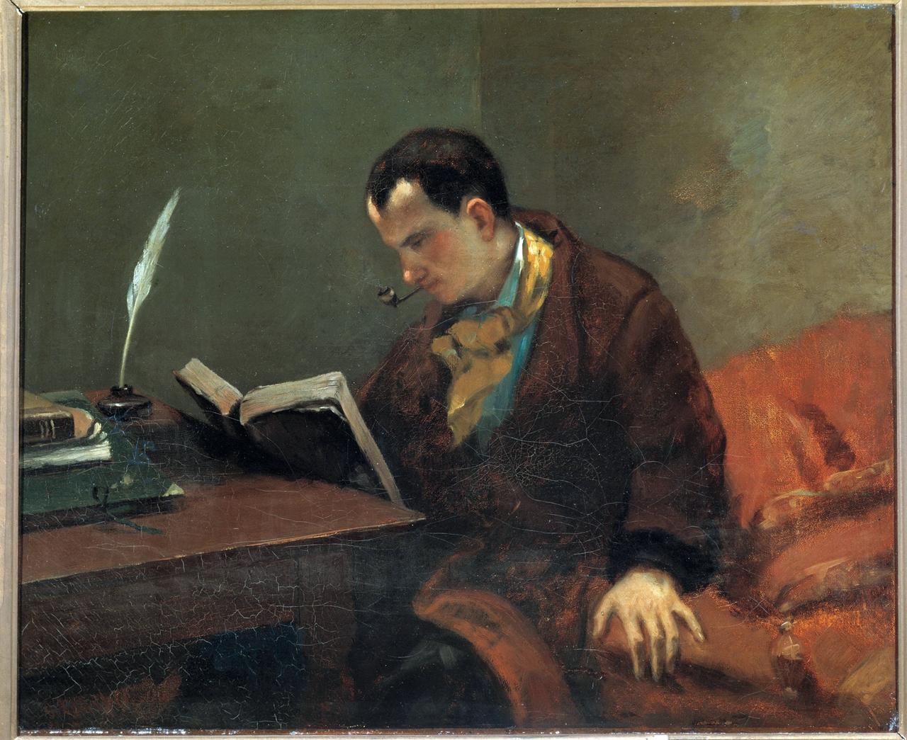 Ölgemälde von Charles Baudelaire, der allein an einem Tisch sitzt und in einem Buch liest. Ölgemälde von Charles Baudelaire, der allein an einem Tisch sitzt und in einem Buch liest.
