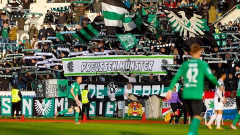 Fans von Preußen Münster stehen auf einer Tribüne