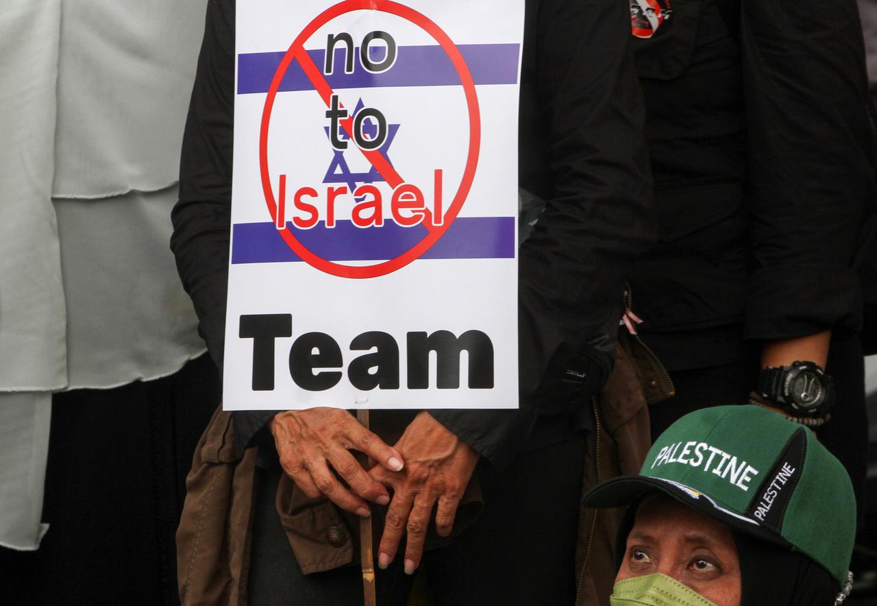 Protests against the participation of the Israeli team in the football U20 World Cup in Jakarta (Indonesia).