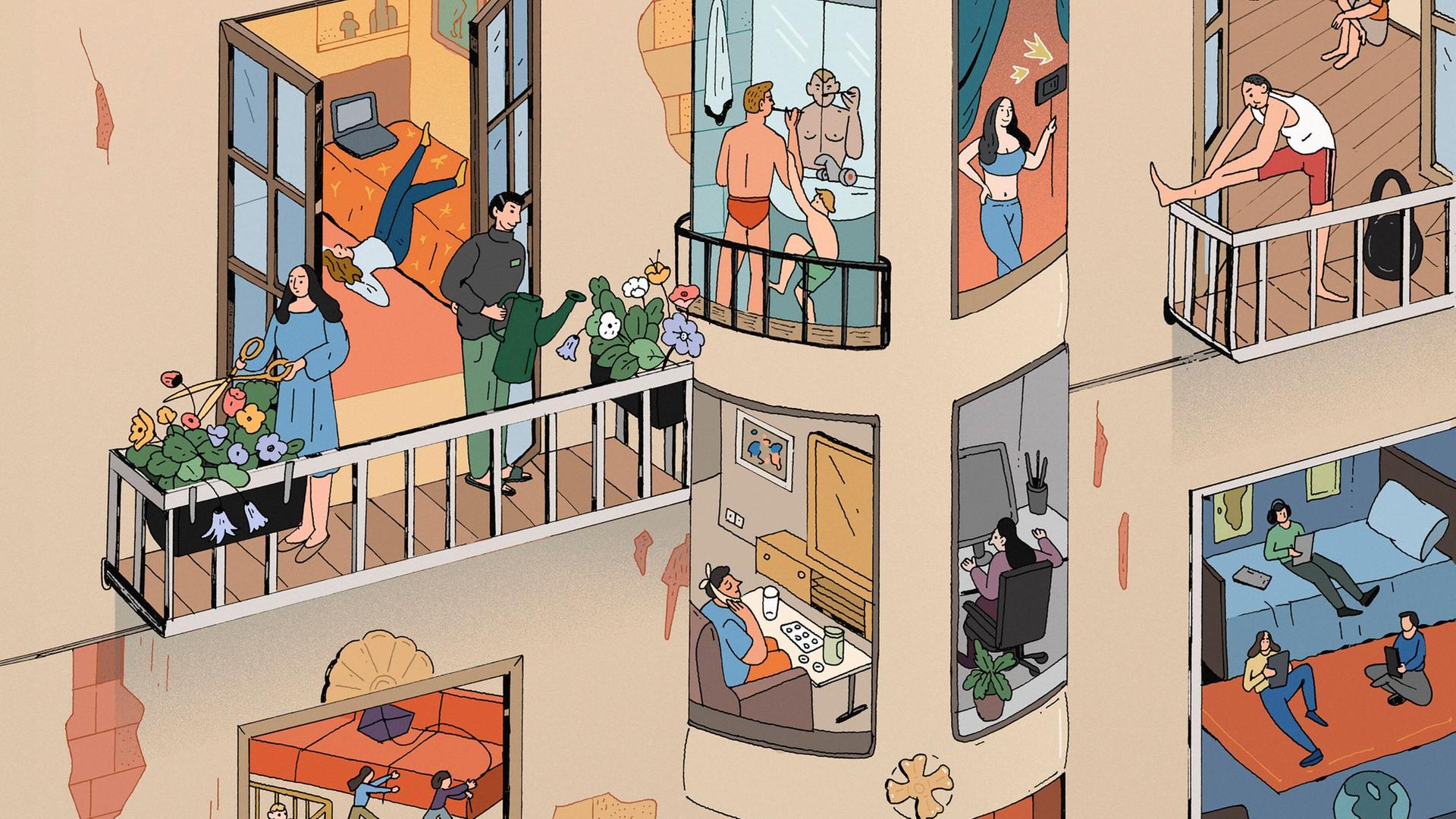 Illustration: Junge und alte Menschen bei verschiedenen Aktivitäten durch die Wohnungsfenster gesehen in einem grossen Haus. Illustration: Junge und alte Menschen bei verschiedenen Aktivitäten durch die Wohnungsfenster gesehen in einem grossen Haus.