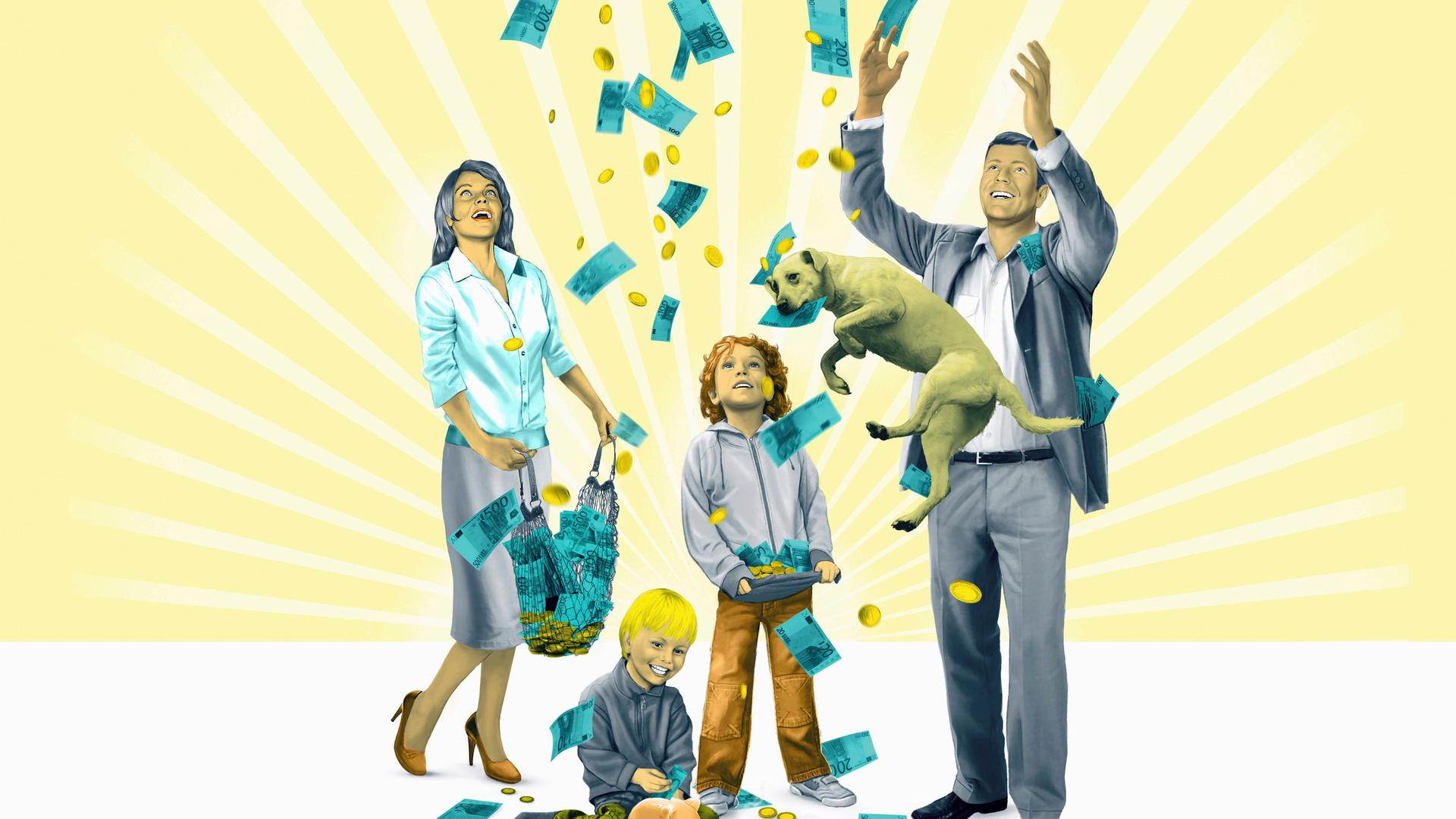 Eine freudige Familie mit Kindern fängt fallendes Geld auf. Eine freudige Familie mit Kindern fängt fallendes Geld auf.